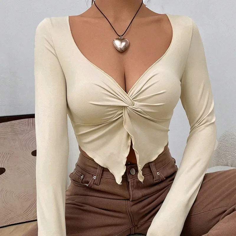 Women's Clothing 2024 Autumn/winter Slim Fit V-neck Twisted Fashionable Knit Super Short Long Sleeved Top Graphic T Shirts YSQ01