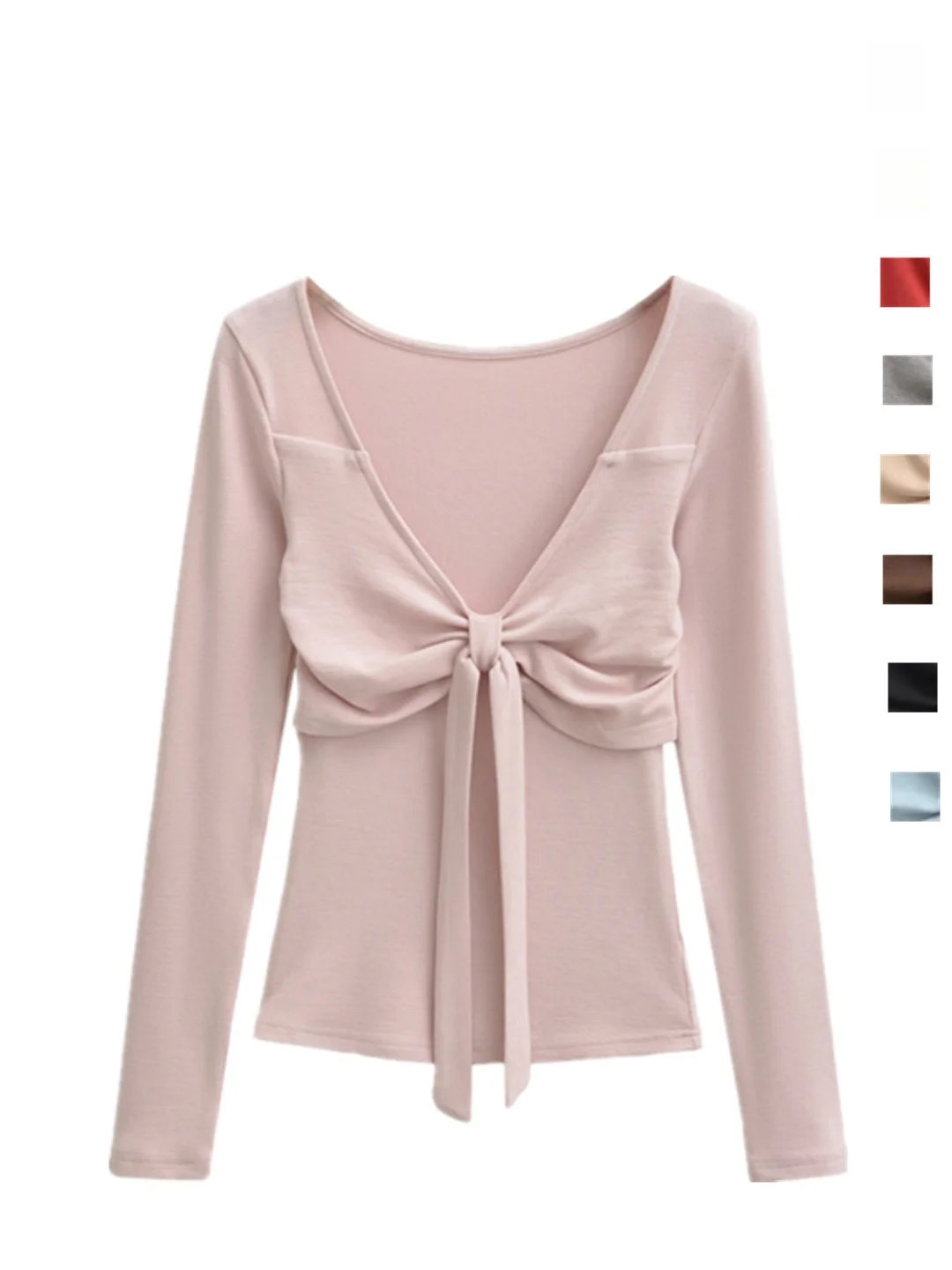 

Сексуальный женский пуловер с длинным рукавом, V-образным вырезом, бантом и утепленным дизайном, облегающий крой