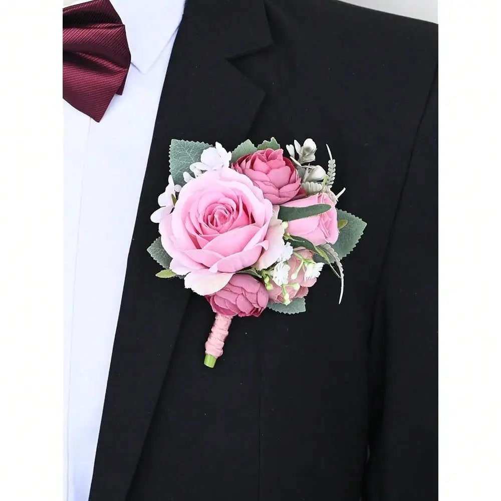 

Corsage Set, Artificial Flowers Accessories For Wedding Prom Party Homecoming Celebration Suit Decorations2 Pieces PinkDark Pin