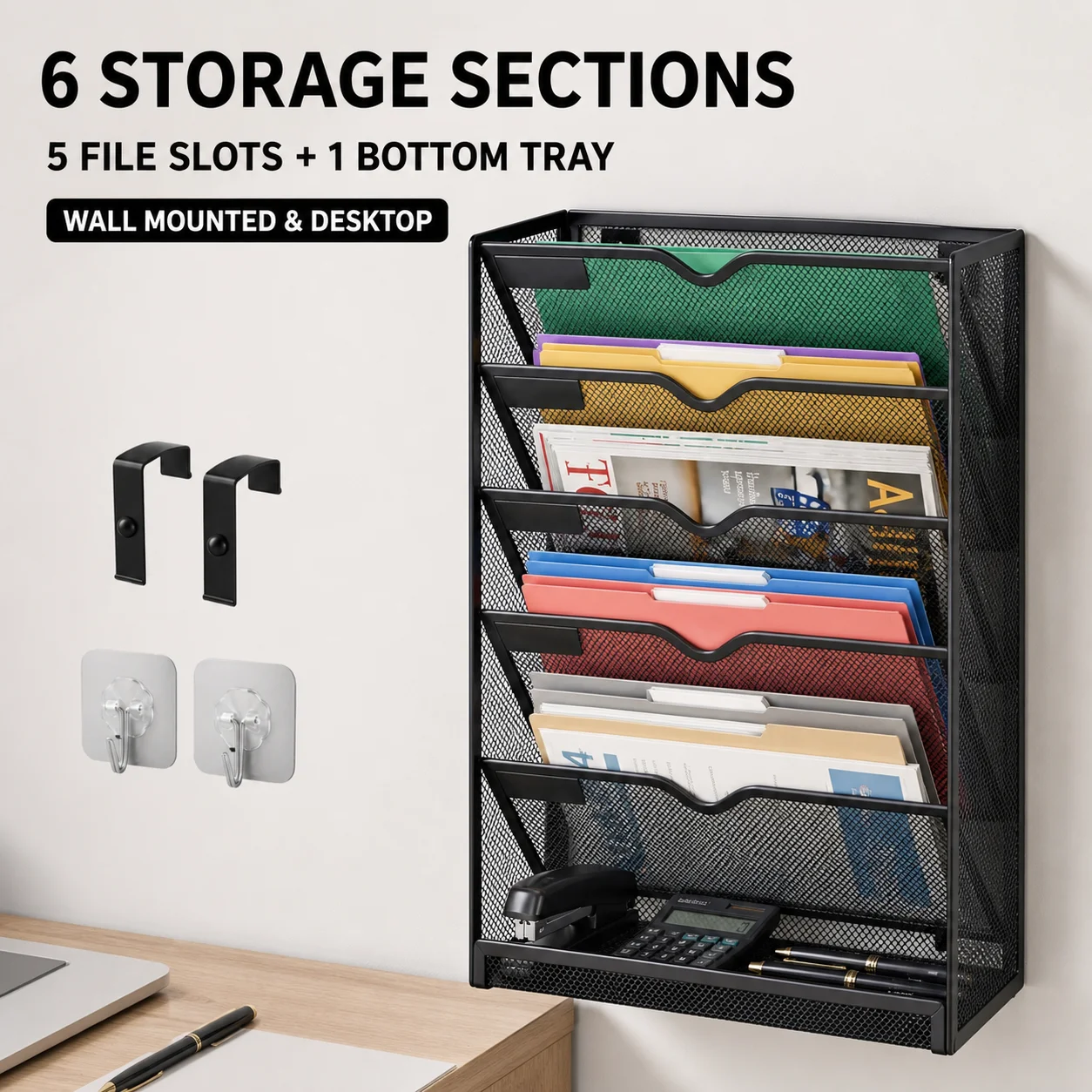 5 Tier Wall Mounted File Organizer Metal Mesh Hanging Document Holder with Bottom Tray for Teachers Students Office Classroom