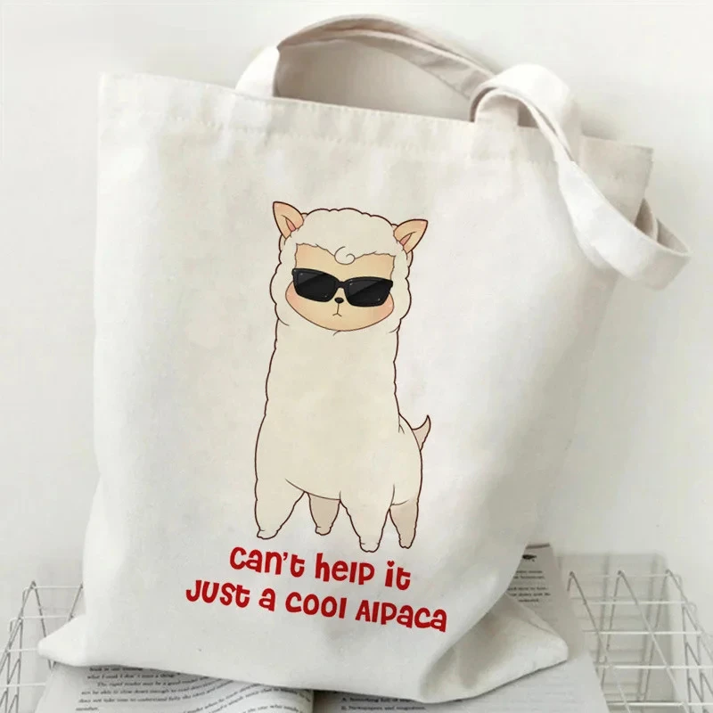 Cute Alpaca Pattern Women\'s Shoulder Bag Large Capacity White Shopping Bag Cartoon Animal Print Handbag Women\'s Canvas Handbag