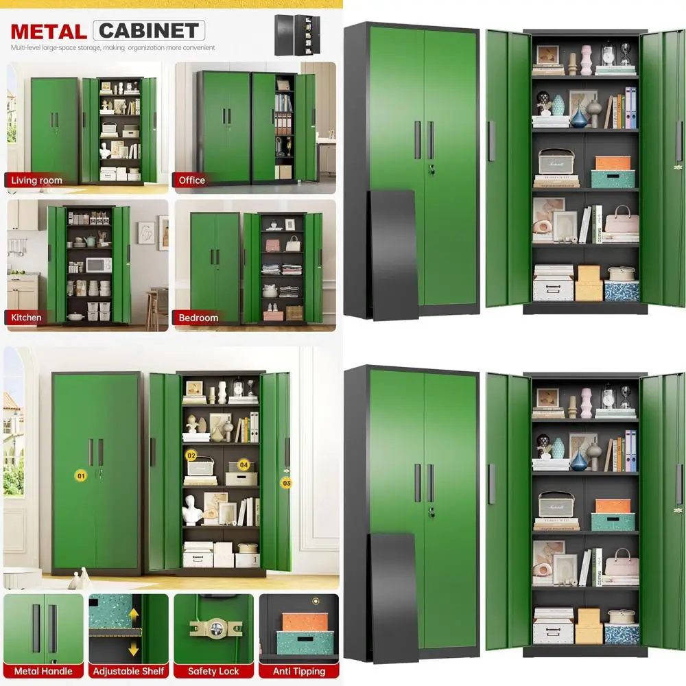 

63-дюймовый высокий стальной шкаф для хранения с замком, 2 дверцами и 4 регулируемыми полками для дома, офиса, гаража и кладовой