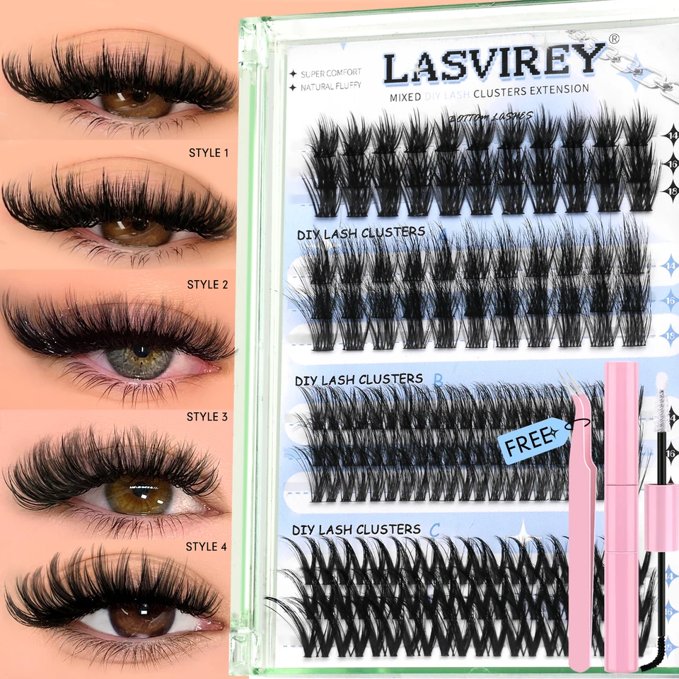 Lasvirey Kit de Rizos de Pestañas DIY Esponjosos 4 en 1 Juego Completo Individual Extensión de Pestañas con Pegamento y Sellador 2