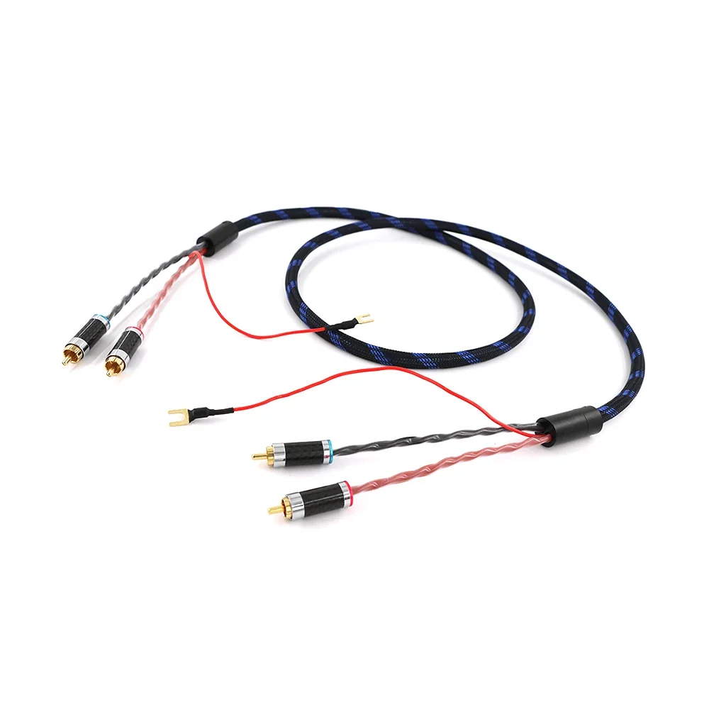 4 core pure copper OFC Plated Silver shield 2 RCA to 2 RCA ground U spade plug Audio Phono Tonearm Cable with Ground Wire