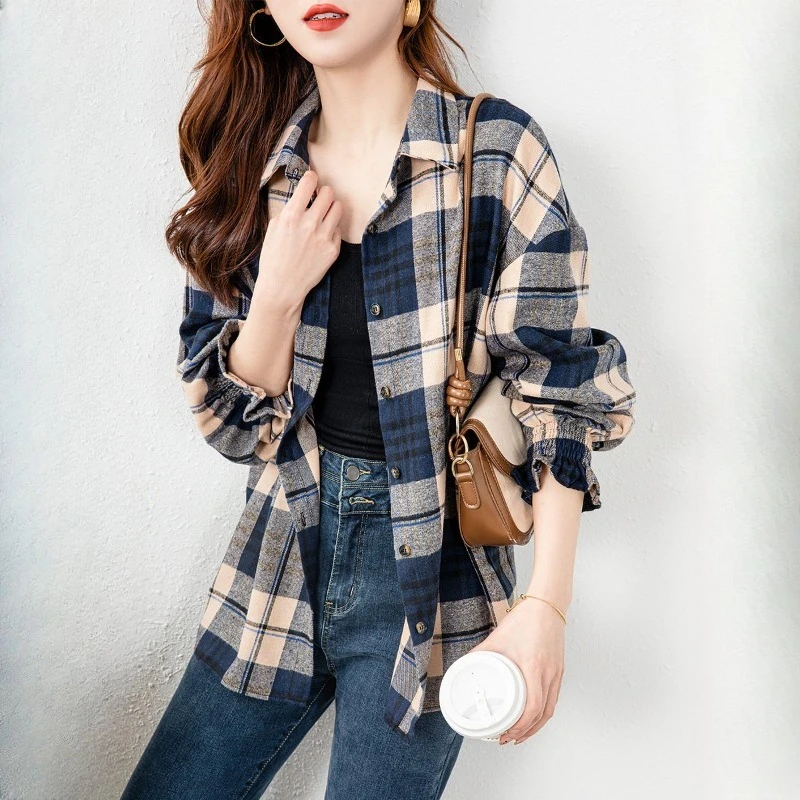 

Vintage Women's Blouses Plaid Casual Shirts Fashion Loose Spring/autumn Clothing Long Sleeved Cotton Women Tops