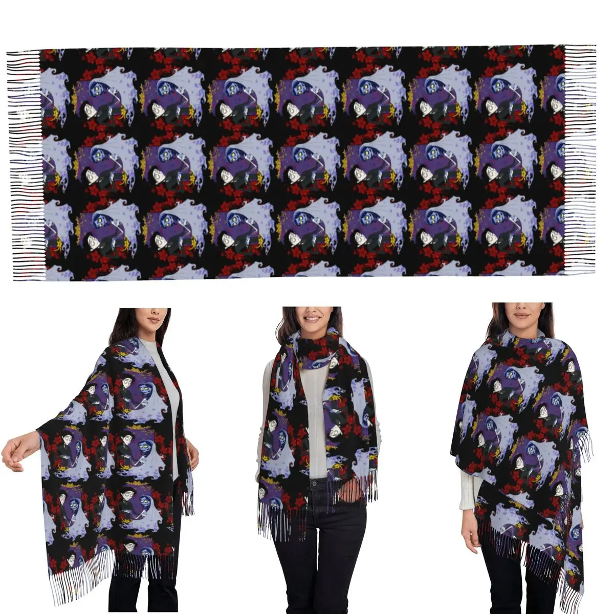 Halloween Film Corpse Bride Ghost Tim Burton Scarf Tassel Scarves for Women Soft Warm Shawls and Large Fall Winter Shawl Wraps