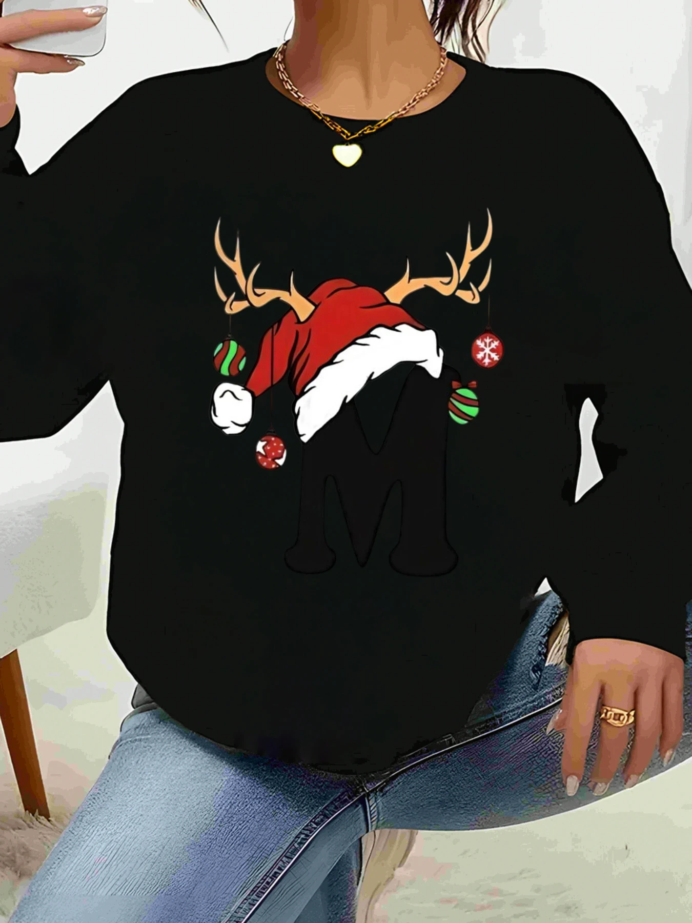 

Reindeer Santa Hat Christmas Print Long Sleeve Sweater Holiday Casual Wear Women