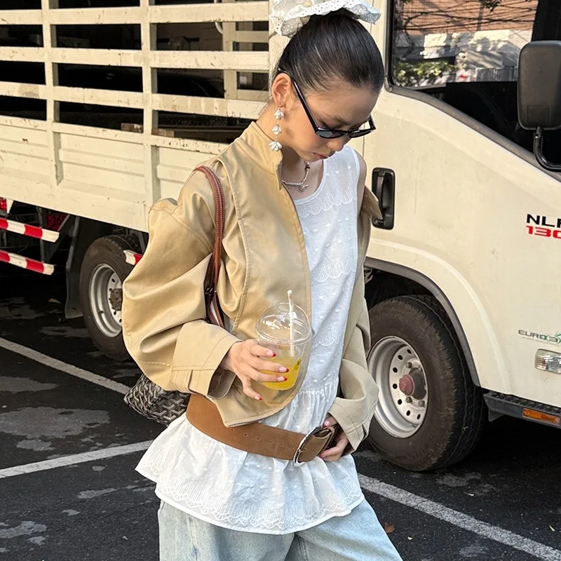 Fashionable 2025 Street Jacket Workwear Style Stand Up Collar Double Pocket Loose and Relaxed Coat Female Clothing
