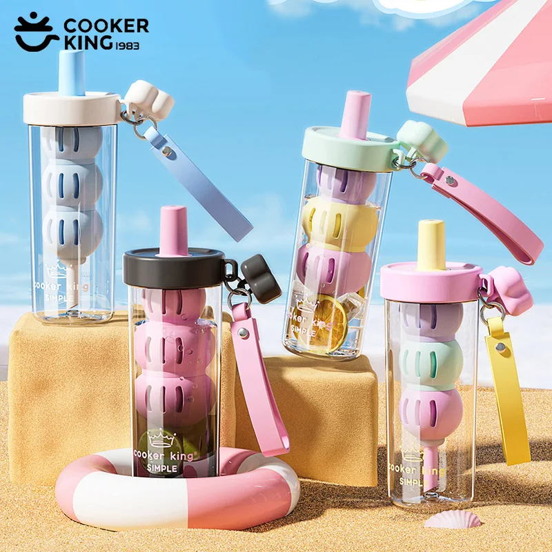 COOKER KING Tritan Straw Water Cup Leak-proof Fruit Tea Cups with Spherical Tea Infuser Summer Cold Drink Plastic Mug for Travel view 6