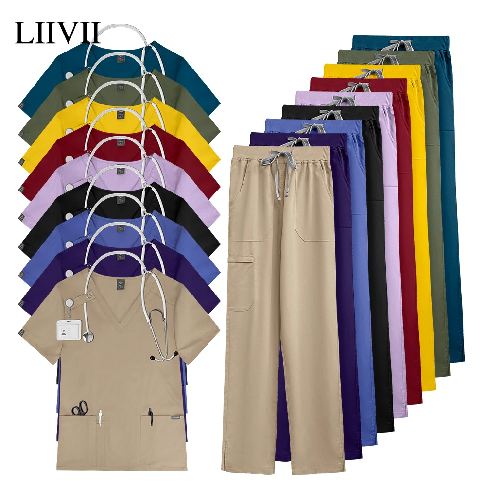 Scrub Set Wholesale Pet Grooming Work Top+Pants Men Women Surgery Uniform Medical Straight Pants Dental Clinic Nurse Accessories