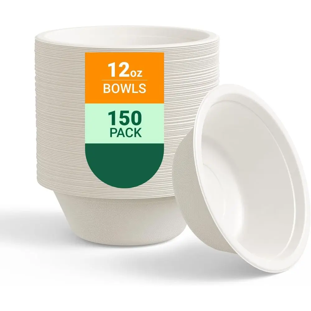 150 Pack 12 oz Eco-Friendly Biodegradable Paper Bowls, Ideal for Salads, Desserts, Milk, and Cereals