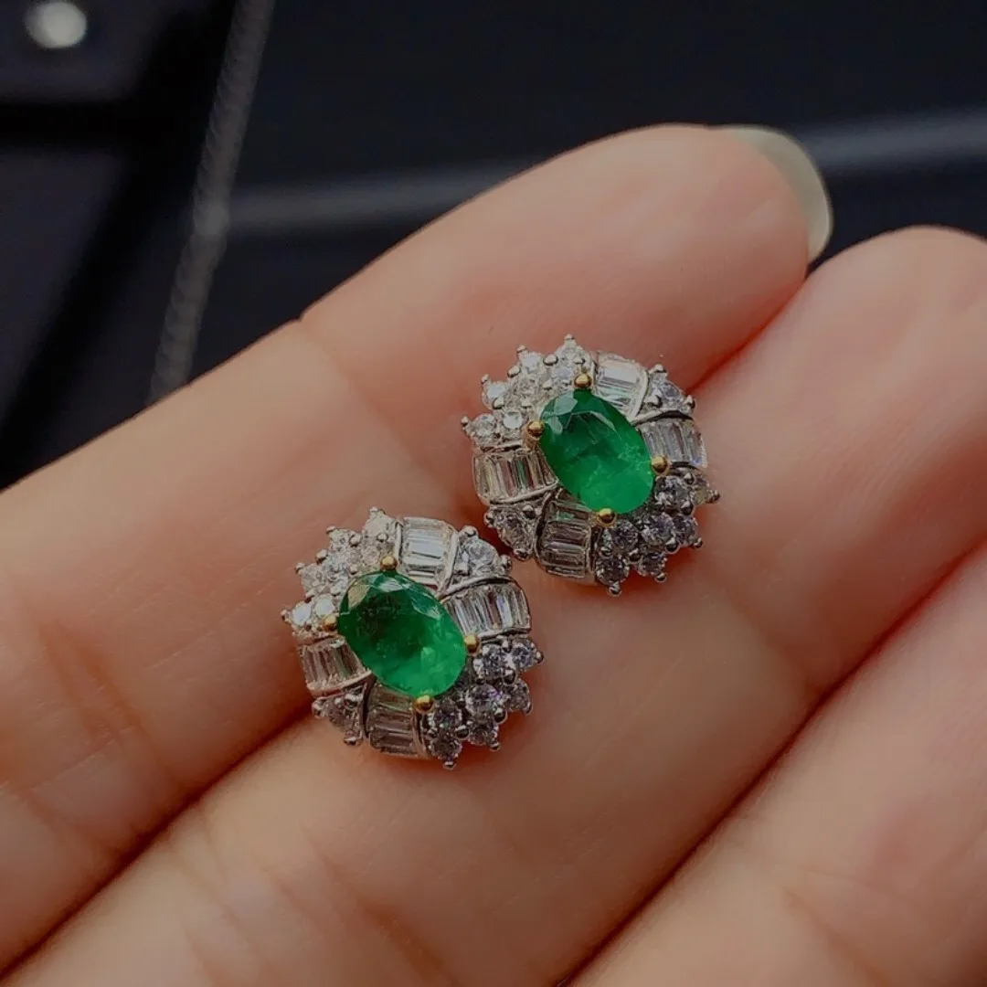 Sterling Silver Real Natural Emerald Stud Earrings Classic Fine Jewelry Women Wedding Gift 4*6mm
