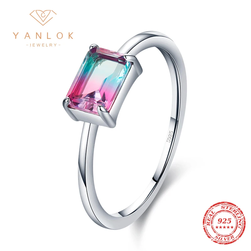 YANLOK 925 Sterling Silver Luxury Emerald Cut Ring Rainbow Fire Tourmaline Finger Rings For Women Wedding Engagement Jewelry