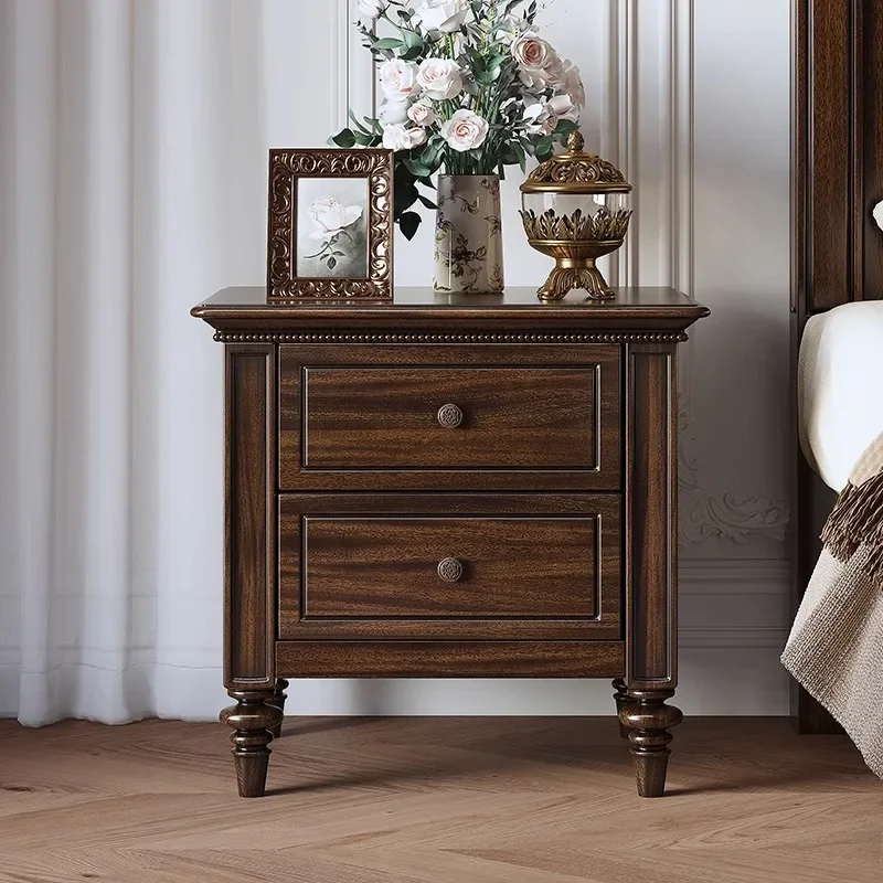 American vintage Country Nightstand, Bedroom All-Solid Wood Storage Cabinet, Home Black Walnut Bedside Storage Cabinet