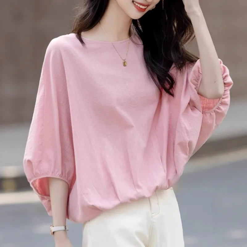 

Womens Round Neck Batwing Sleeve Linen Shirt Loose Casual Summer Blouse With Elastic Hem