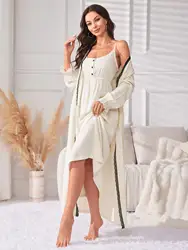 Women Nightgown Set Solid Sleeveless Front Button Dress & Lace Trim Ruffle Long Sleeves Waist Belt Robe Female Spring Sleepwear