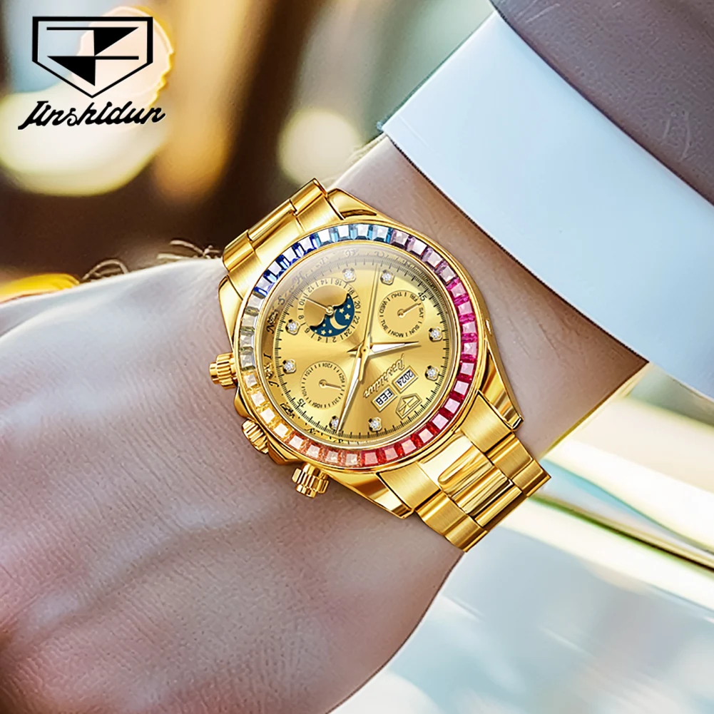 JSDUN 8974 ساعة رجالية ماركة فاخرة ساعة ميكانيكية أوتوماتيكية بالكامل قوس قزح الأحجار الكريمة الحافة مقاوم للماء ساعة رياضية Reloj Hombre