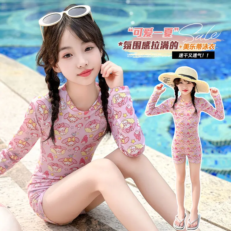 Kawaii Cinnamoroll Swimsuit Cartoon My Melody Kuromi Long Sleeve Swimwear Sunscreen Summer Girl Beach Vacation Bikini Quick Dry