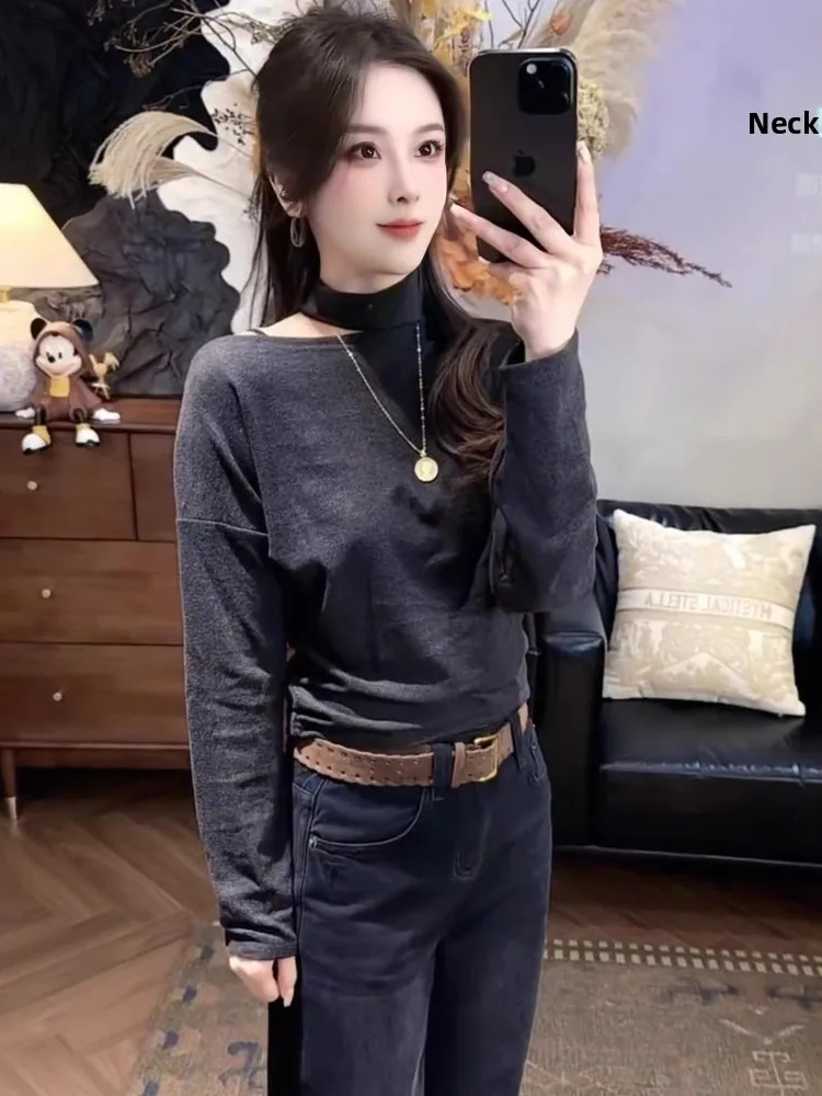 한국 패션 안티에이징 롱 슬리브 오프숄더 네이키드 스타일 티셔츠 여성 가을 겨울 신상 슬림핏 베이스 티셔츠