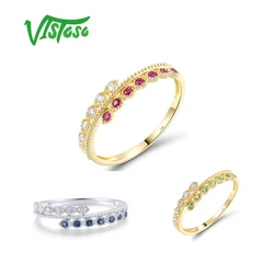 VISTOSO Pure 14K 585 Yellow Gold Ring For Woman Sparkling Garnet Ruby Blue Sapphire Diamond Trendy Wedding Bride Fine Jewelry
