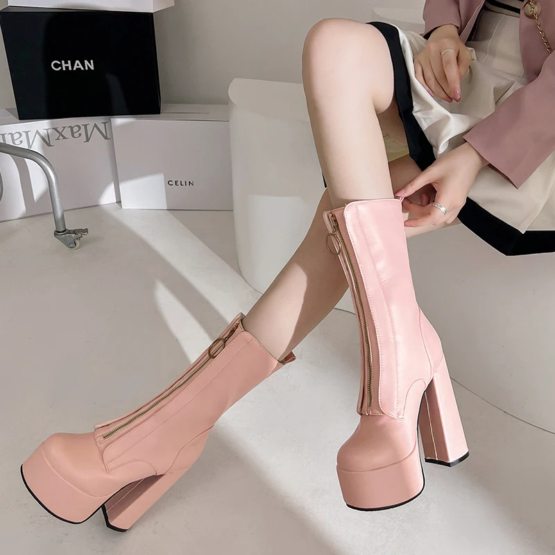 

Arden Furtado 2024 Winter Platform Middle boots Round toe Front zipper Super high heel Pink Modern boots Large size