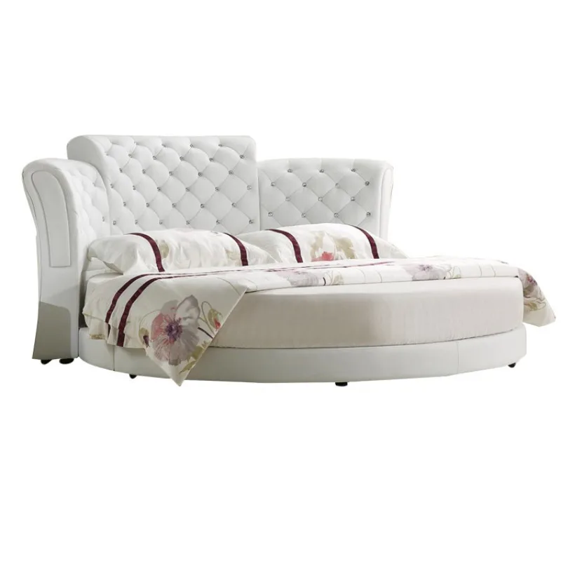 Modern Furniture Round Bed Wholesale Pull Button Leather Bed Theme Hotel Round Bed Homestay Round  LED Light