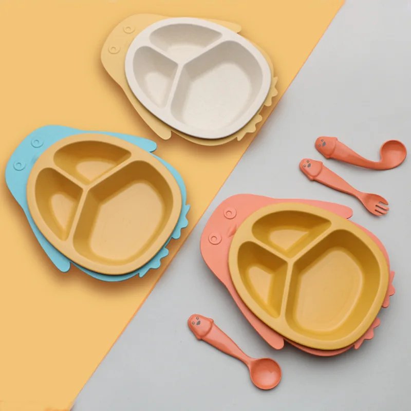 Children's Meal Plate Cartoon Penguin Cutlery Wheat Straw Divided Plate Spoon Fork Supplementary Food Feeding Plate Food Grade