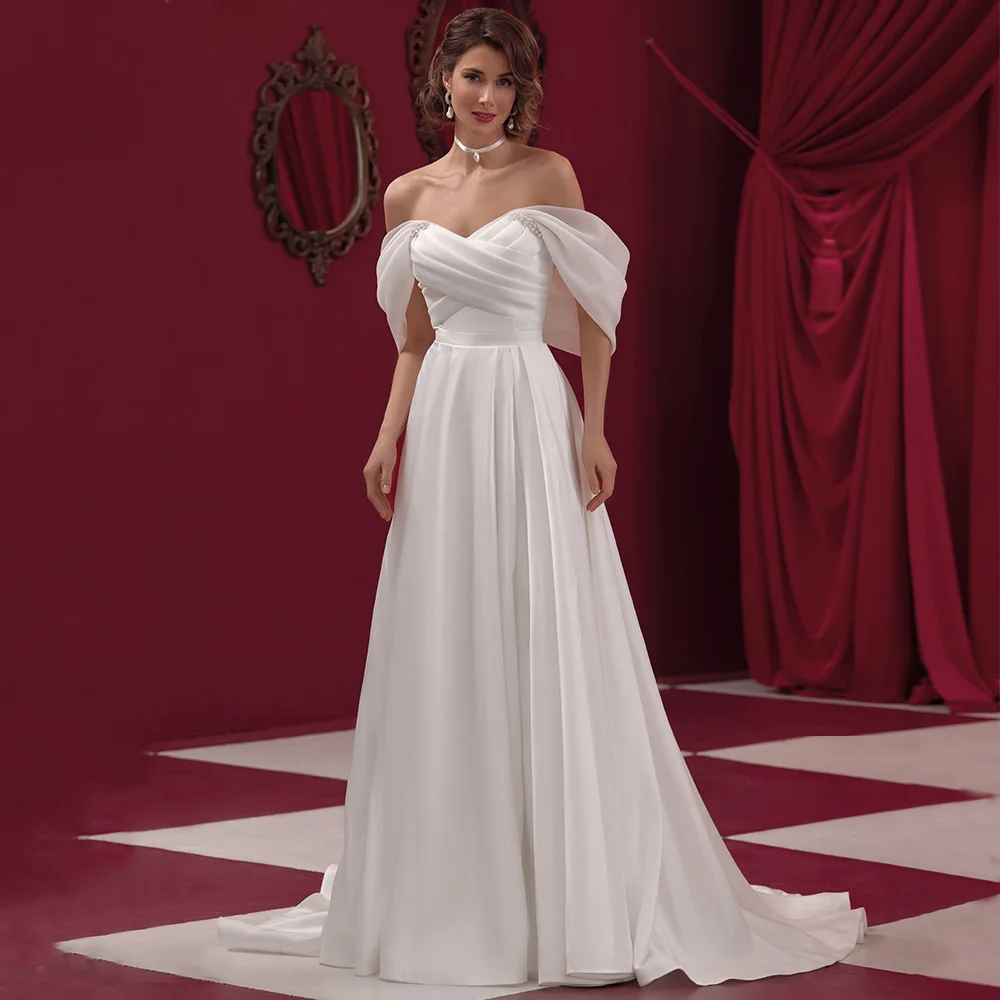 

Simple White A-Line Wedding Dress for Women Brides Sexy Off the Shoulder with Pearls Pleats Sweetheart Bridal Gowns Customized