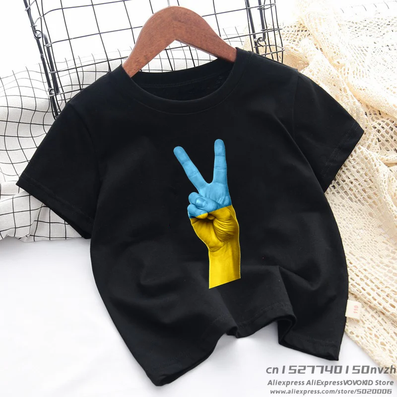 Funny Ukraine Finger Black Print T-shirt Boy Girl Summer Good Quanlity Tops Tee Little Baby Rock Streetwear Clothes,Polyester