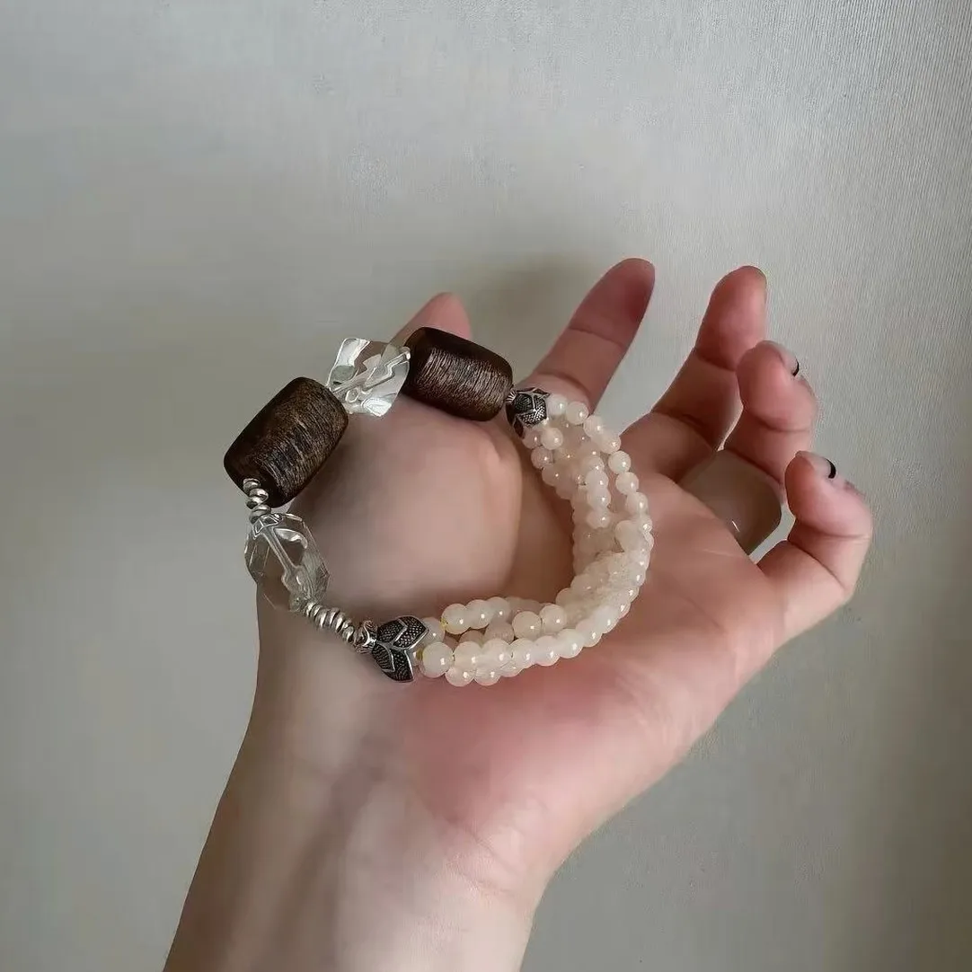 Vintage Imitation Agarwood Wood White Crystal Beaded Bracelet Small Rice Beads Retro Distressed Elegant Creative Versatile Women