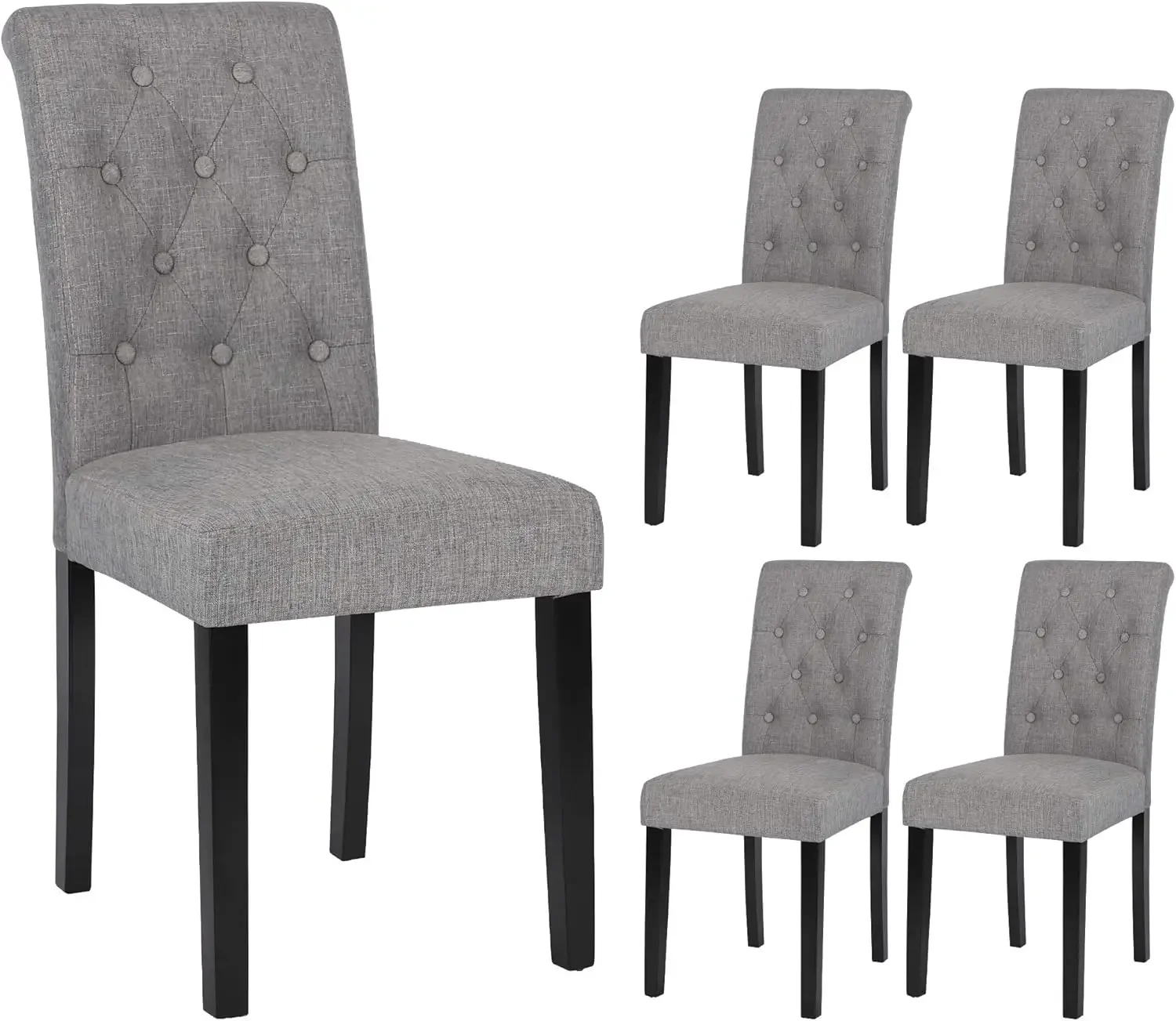 Button-Tufted Upholstered Fabric Dining Chairs with Solid Wood Legs, Set of 4 (Gray)