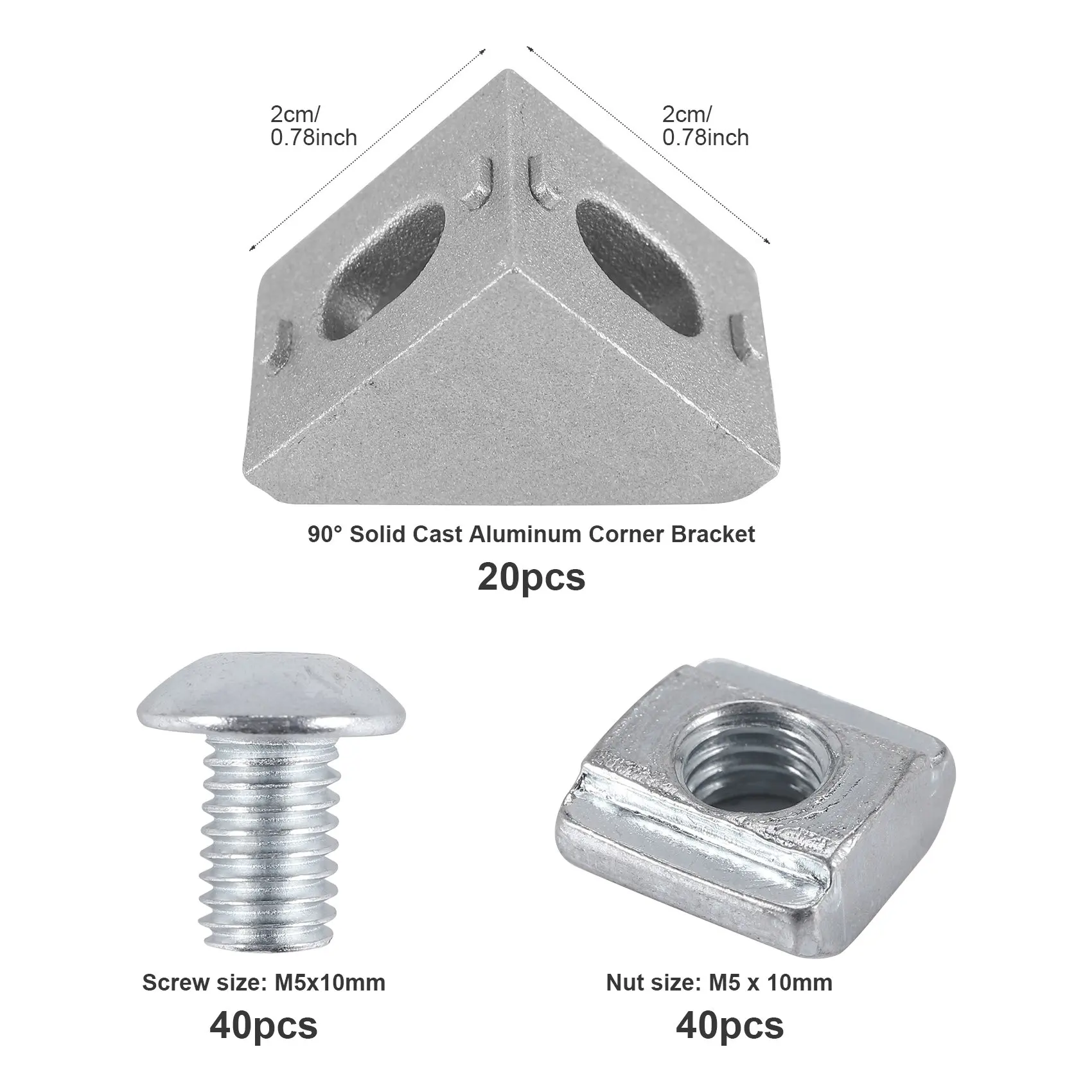 A20F-2020 Series Aluminum Profile Connector Set, 20Pcs Corner Bracket,40Pcs M5 X 10Mm T-Slot Nuts, 40Pcs M5x10mm Hex Socket Cap