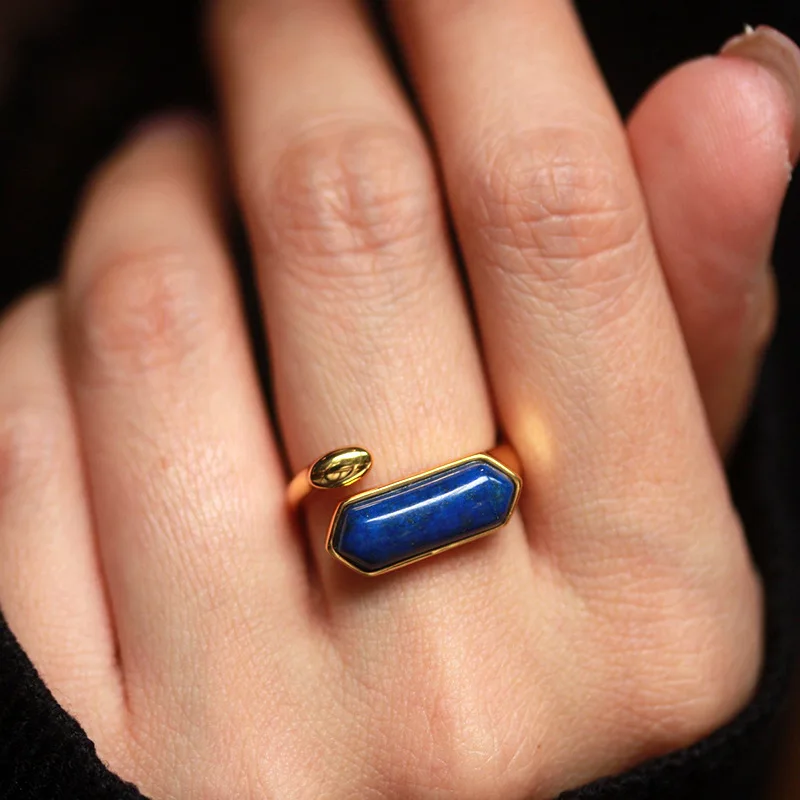 

S925 Sterling Silver Plated with 18k Gold Inlaid Natural Lapis Lazuli Ring Exquisite Simple Personality Trendy Lapis Lazuli Ring