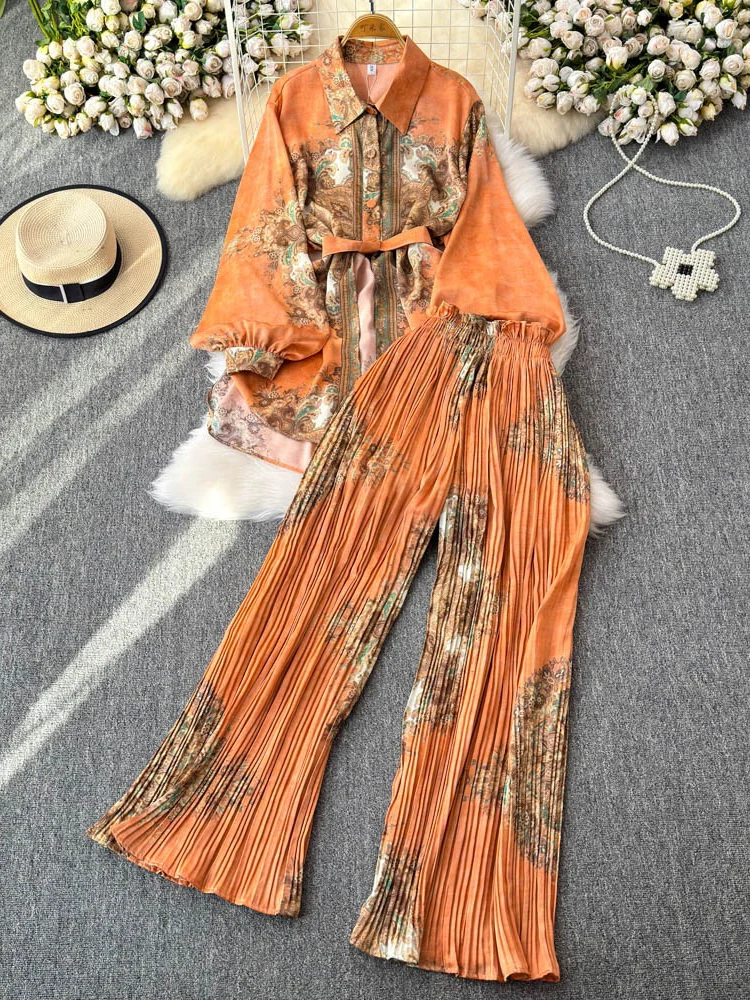 

Faionable Loose Lantern Sve Print irt And High Waist Pleated Pants Two Piece Set for Women Autumn Season Long Sve B...
