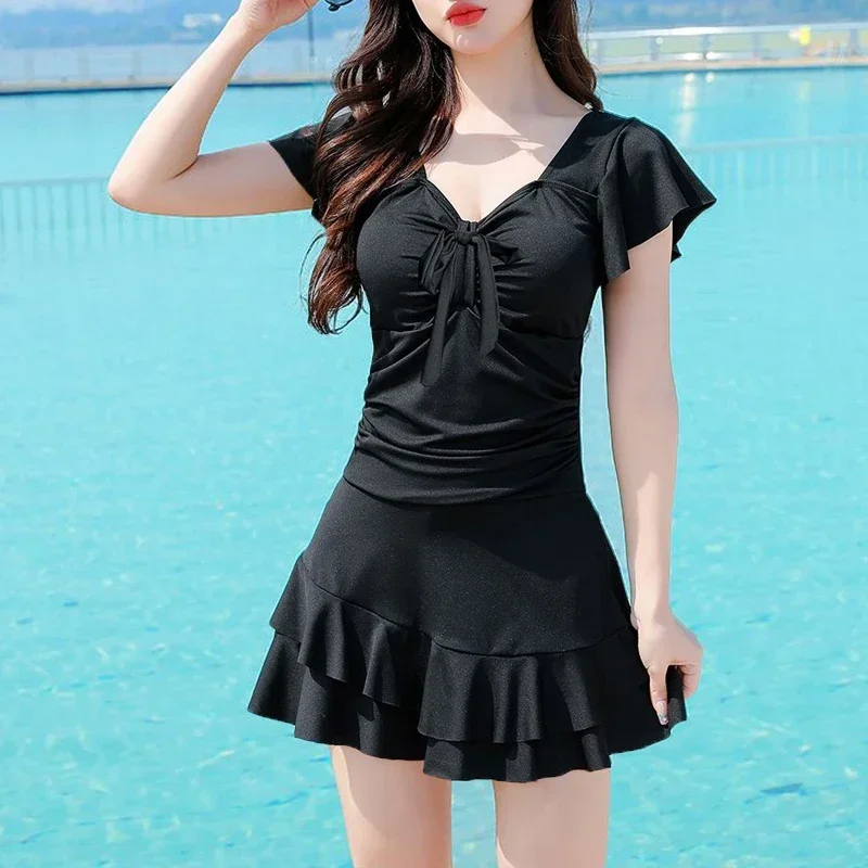 Women Ruffles Bow Sweet Beach Wear Mini Dress Solid Push Up One Piece Swimsuit 2025 Summer Vacation V Neck Short Sleeve Swimwear