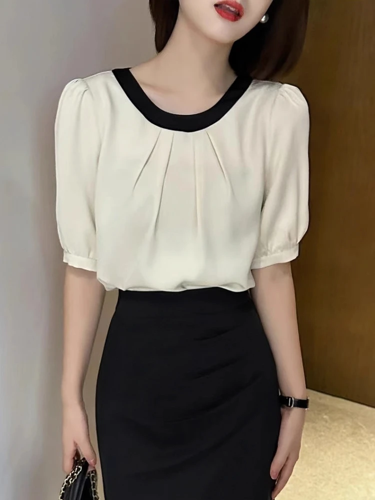 

Elegant Chiffon Shirt Short Sleeve Women's 2025 New Summer Fashionable Beautiful Design Marvelous Top Polyester Fiber round Neck