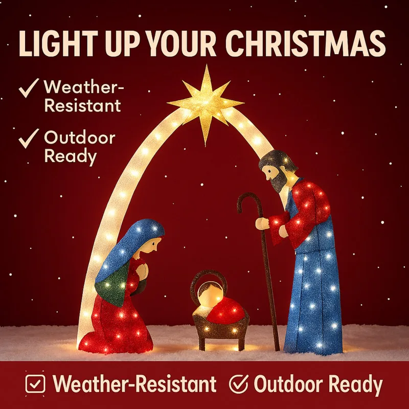 

Christmas Lighted Nativity Scene Set For Outdoor Yard Decor Featuring Holy Family Mary Joseph Jesus And Glowing Star Arch