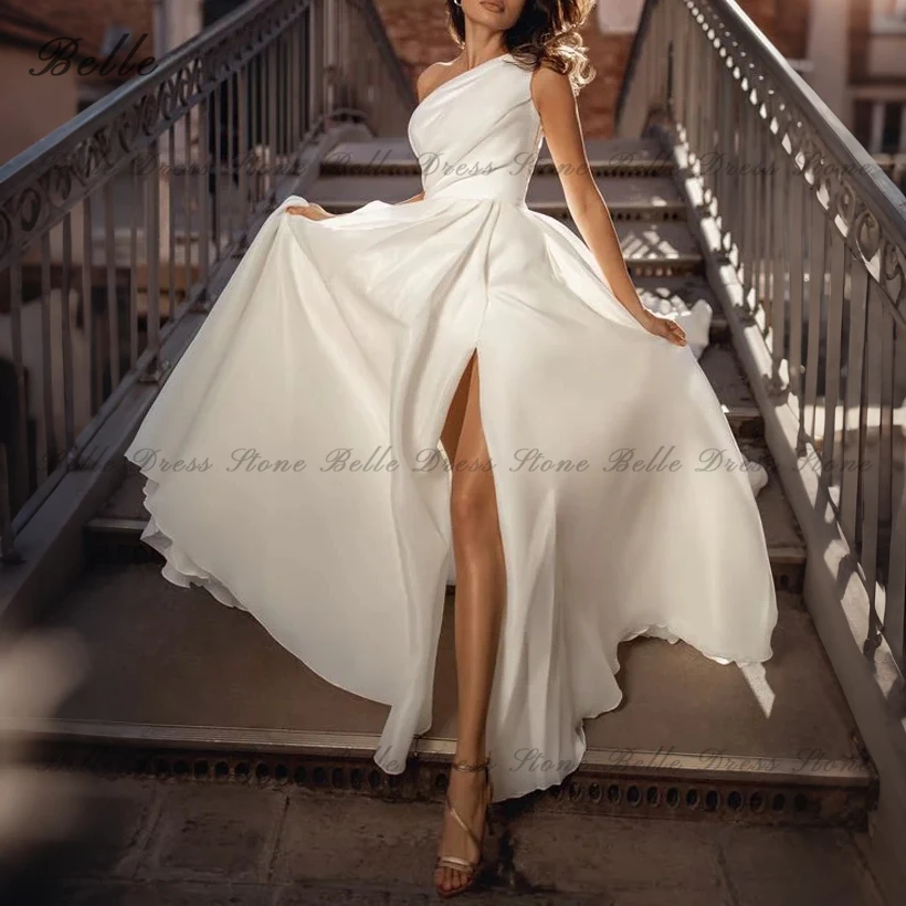 Belle Wedding Dress One-Shoulder amanda novias oficial A-Line Pleated Bridal Gown Front Split Organza Sweep Train Customized New