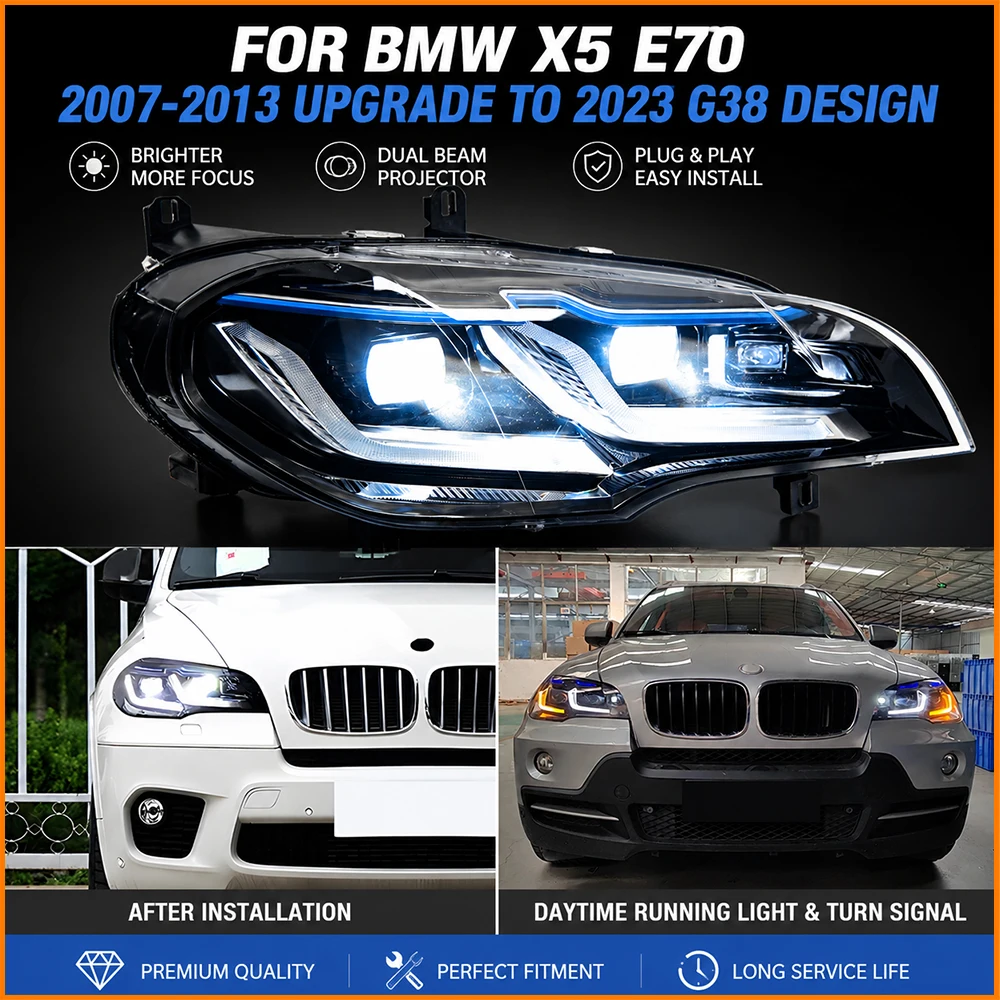 For BMW X5 E70 2007-2013 5 Series G38 Style Full LED Bi-LED Dual Lens Sequential Turn Signal Automotive Front Headlamp Headlight