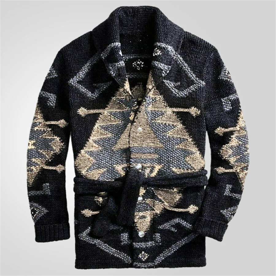 

2024 New Men's Jacquard Sweater Casual Cardigan with Belt Autumn Winter Sweatercoat Male Lapel Jacket Knitted Streetwear