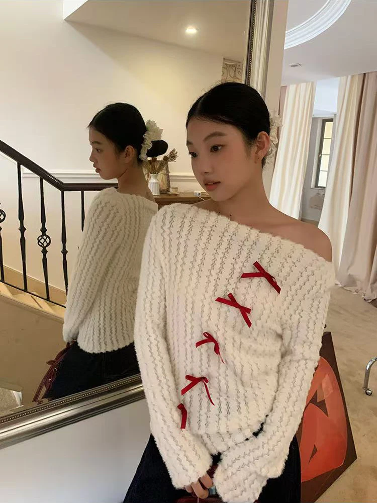 Sweet Bow White Knitted Pullover Women Sexy Off Shoulder Long Sleeve Slim Sweaters Autumn Winter Korean Streetwear Solid Jumper