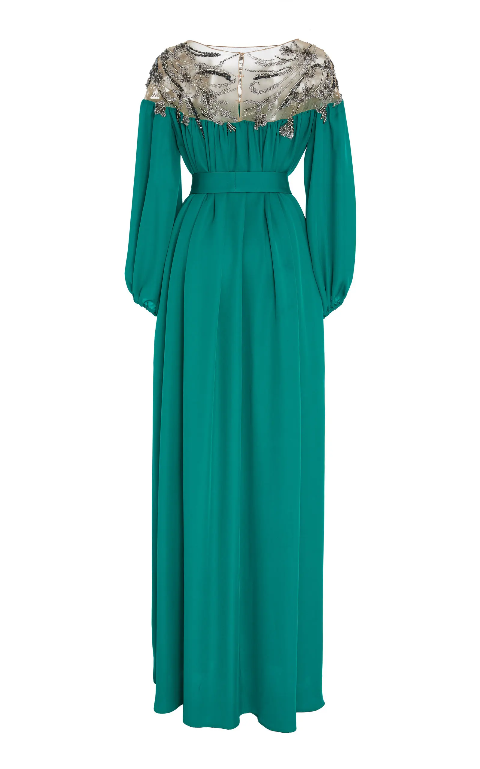 L430 Green Long puff Sleeves Crew Neck Beaded Chiffon  فساتين السهرة vestidos de fiesta  فساتين سهره evening dresses