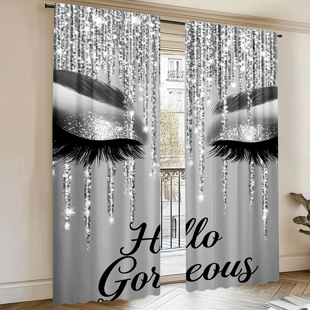 2pcs Eyelash Curtains Silver Glitter Sparkle Eye Makeup Art Drape Beauty Salon Living Room Window Treatment Glamour Home Decor
