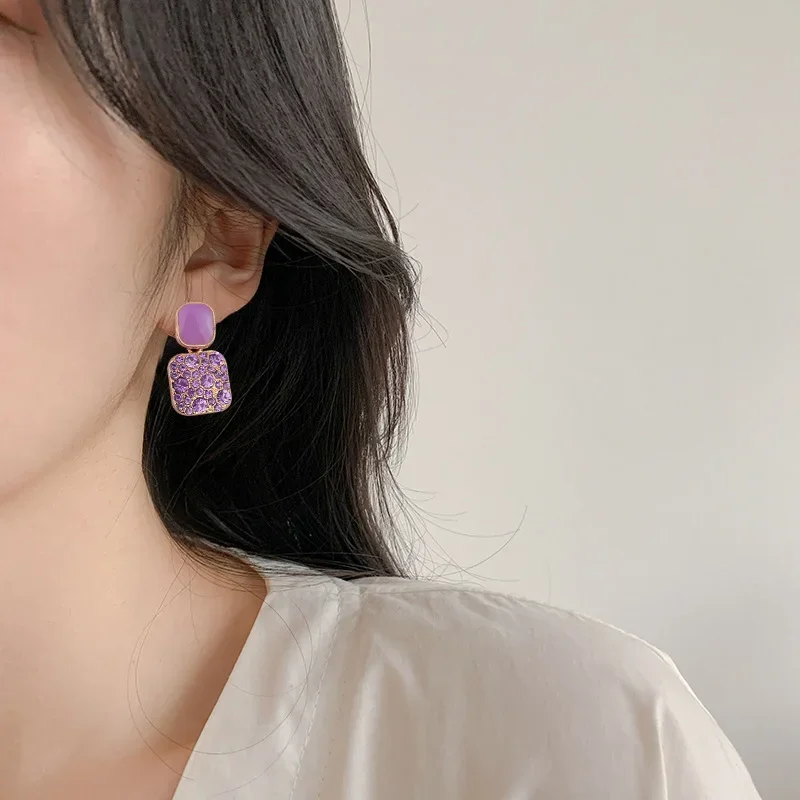 New Purple Color Zircon Crystal Enamel Double Square Drop Earrings for Women Korean Style Jewelry Trend Creative Accessories