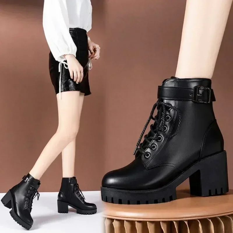 Winter New Women's Boots Lace Up Women's Fashion Thick Heel Side Zipper Ankle Boots Warm Women's Motorcycle Shoes Large Size