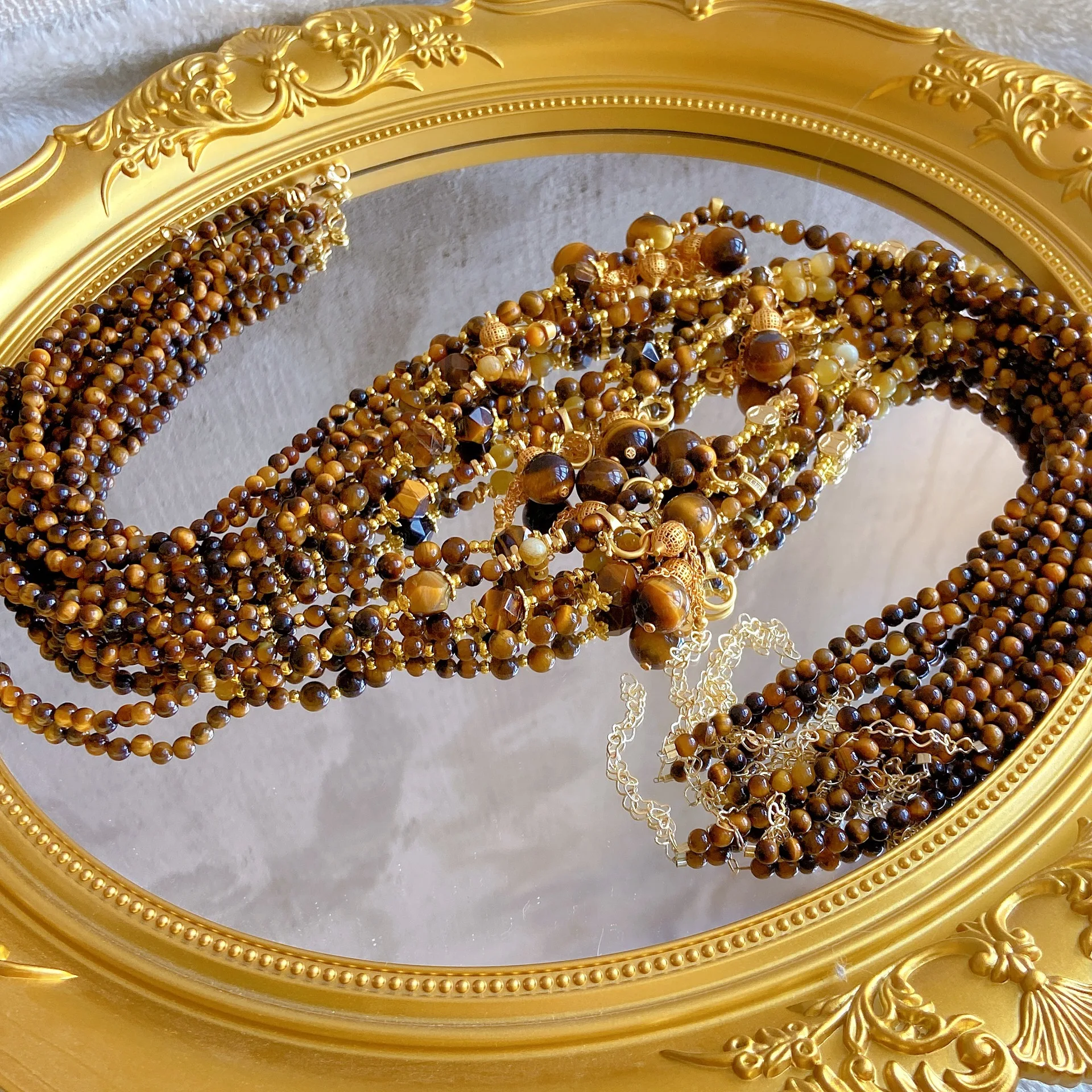 Natural Tiger's Eyes Strand Chain With Group Shape Crystal Pendant Necklace Golden Color Be Rich Be Happness Body Lucky Jewelry