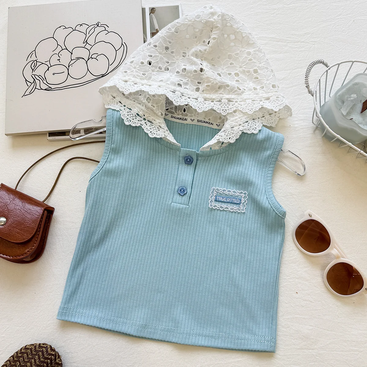 New Arrival Toddler Girl Hooded Lace Vest Suit Floral Embroidered Edge ShortsKids Daily Leisure Two Piece Wear for90-150cm