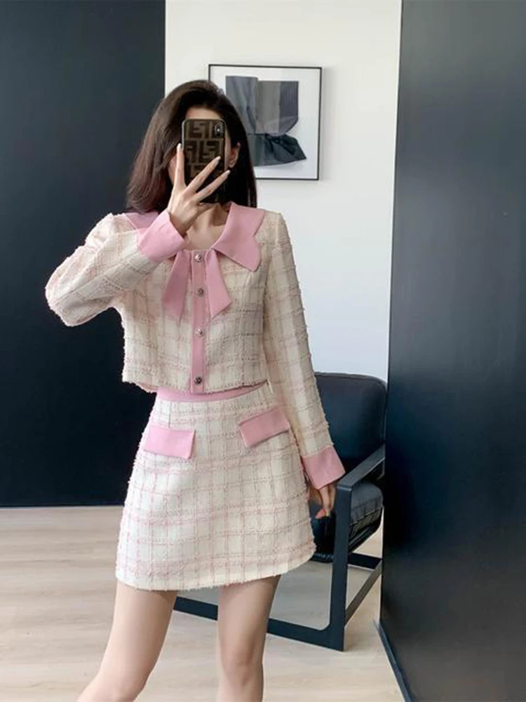 

Элегантный комплект из двух предметов во французском стиле для женщин, осенние новые высококачественные универсальные качественные куртки трапециевидной формы, комплекты с полуюбкой