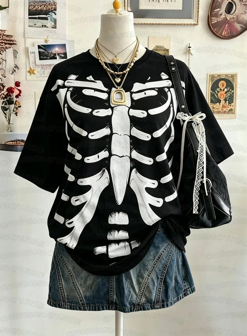 Summer Women Y2K Skeleton Print Short Sleeve Oversized Round Neck Drop Shoulder Punk Gothic T-shirt Street Casual Sports Top