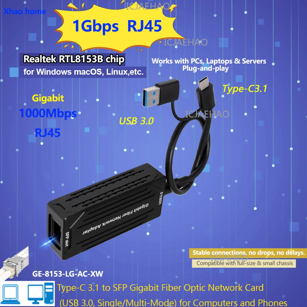 Ethernet  Adapter 1000Mbps USB SFP Network Card for Win 11 PC/Laptop USB-C RTL8153 Chip Converter Lan Internet Cable